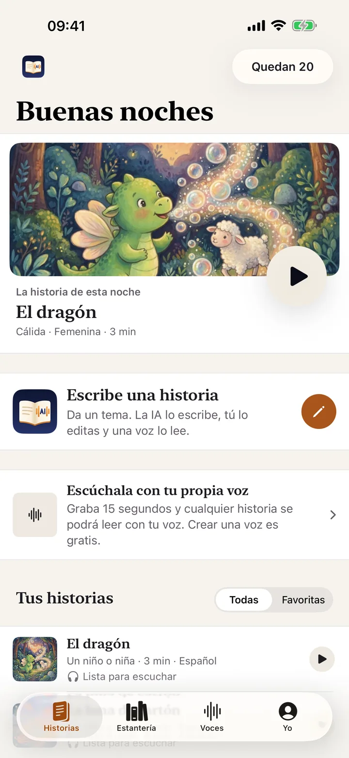Pantalla de inicio de DearlyStory: seguir escuchando y escribir un cuento