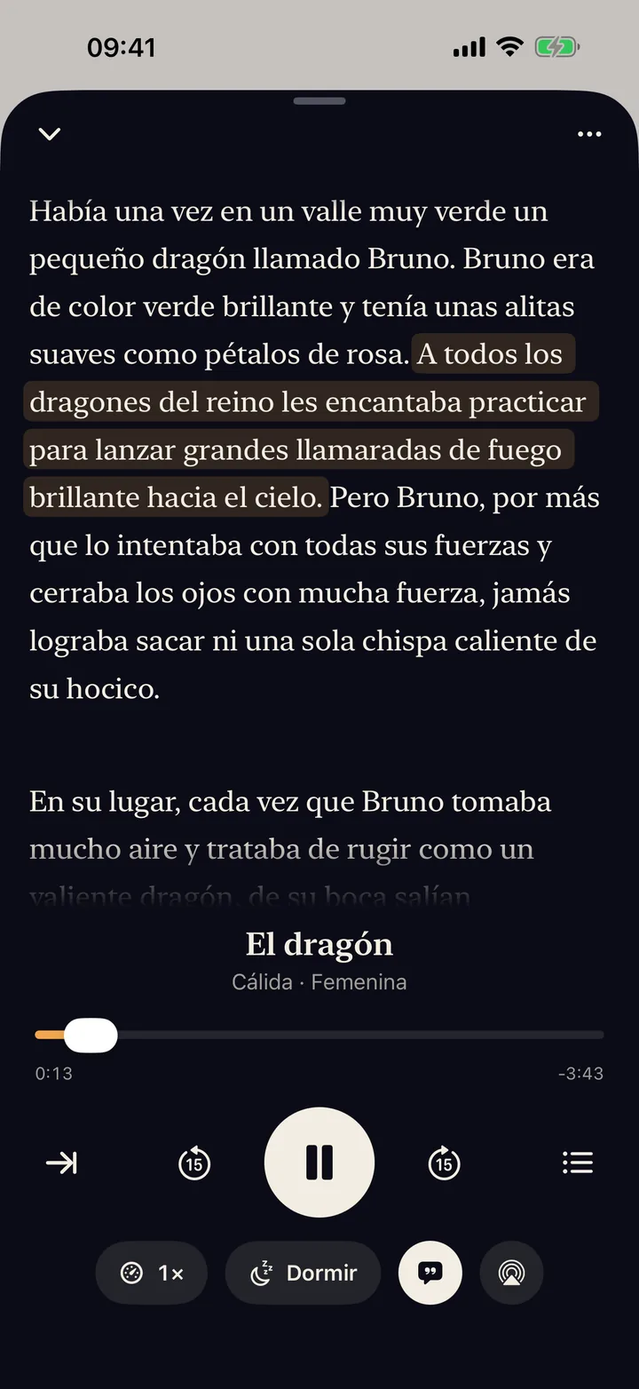 El reproductor resalta la frase que se está leyendo