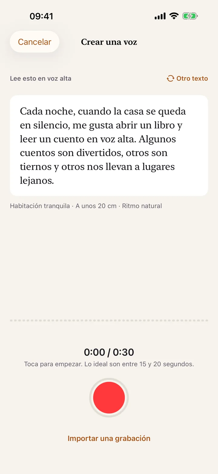 Crear una voz: leer un texto en voz alta de 15 a 20 segundos