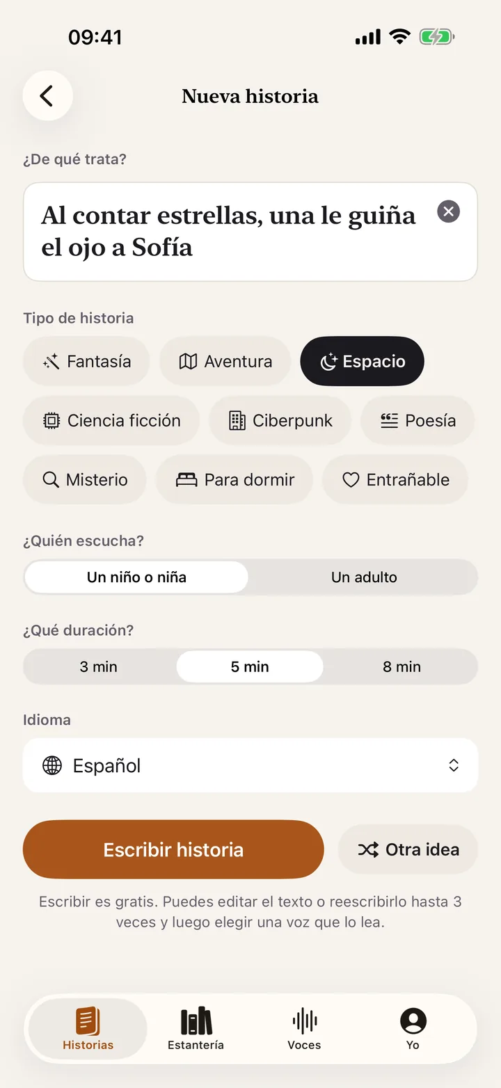 Nuevo cuento: tema, tipo, quién escucha, duración e idioma