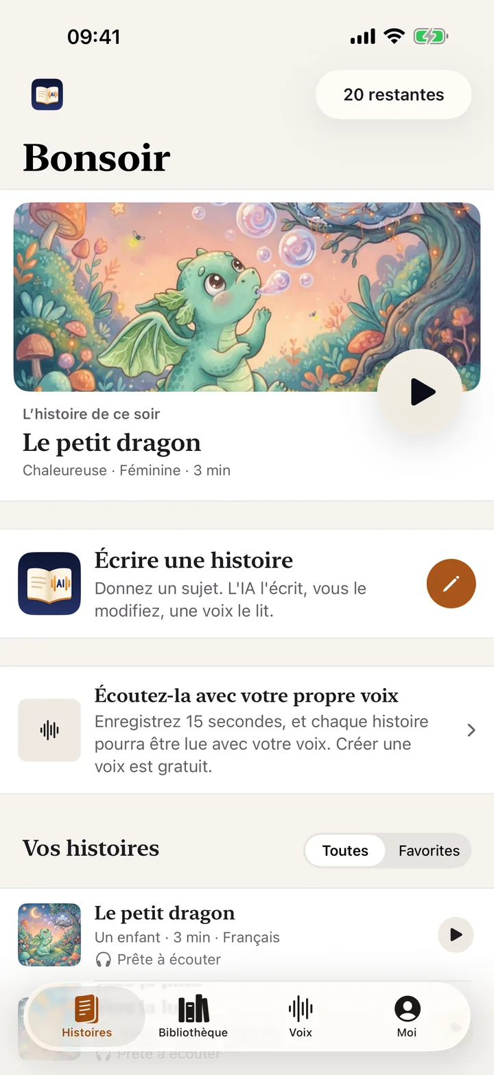 Écran d’accueil de DearlyStory : reprendre l’écoute et écrire une histoire
