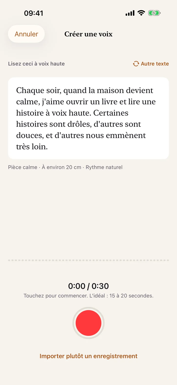 Créer une voix : lire un passage à voix haute pendant 15 à 20 secondes
